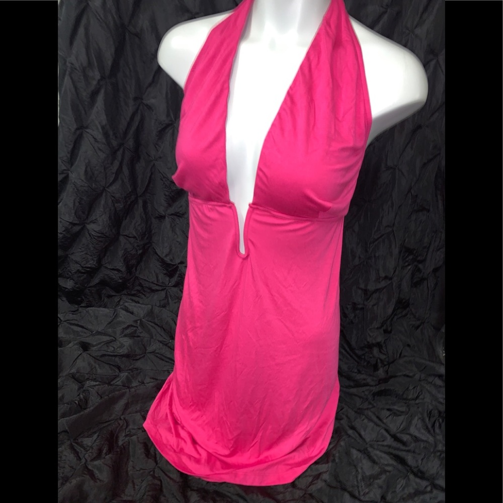 Venus Hot Pink Bathing Suit Cover Up Deep V Halter Style Top Dress Plunge Neck L